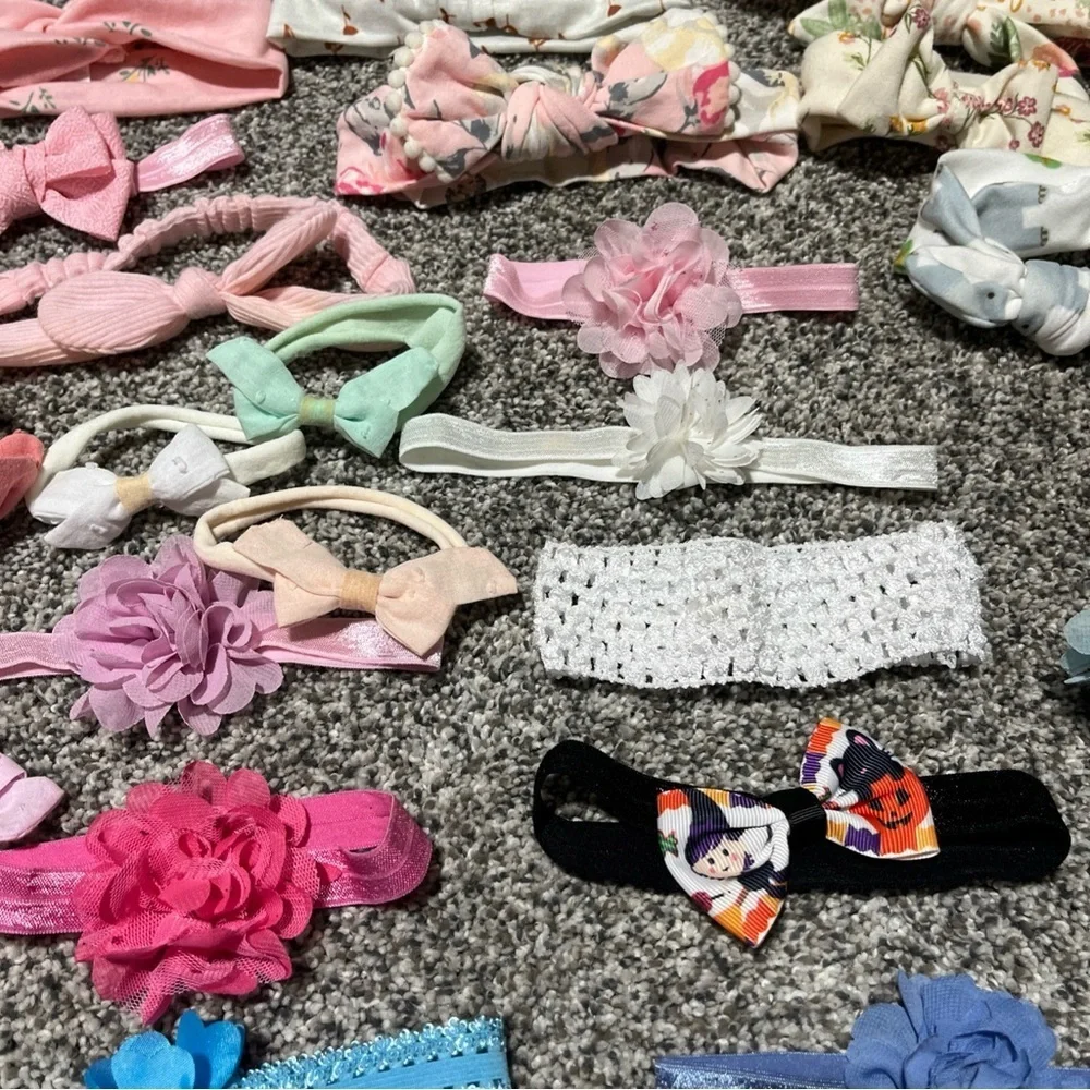Large Lot Of 47 Baby Girl Headbands Bows & 5 Hats Infant & Toddler Stretch